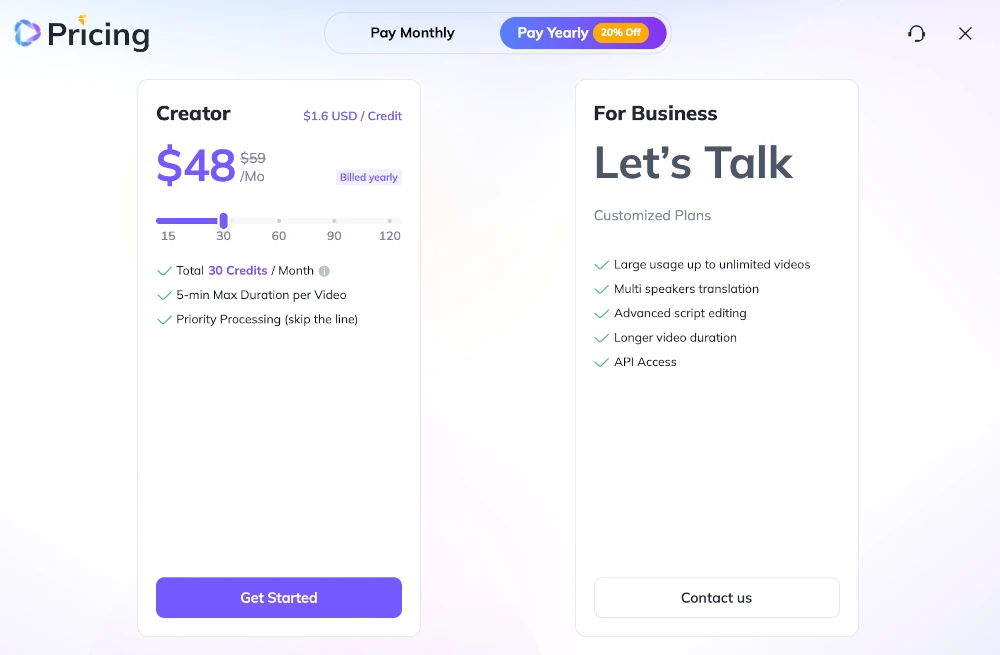 Pricing: HeyGen AI Video Translator Pricing